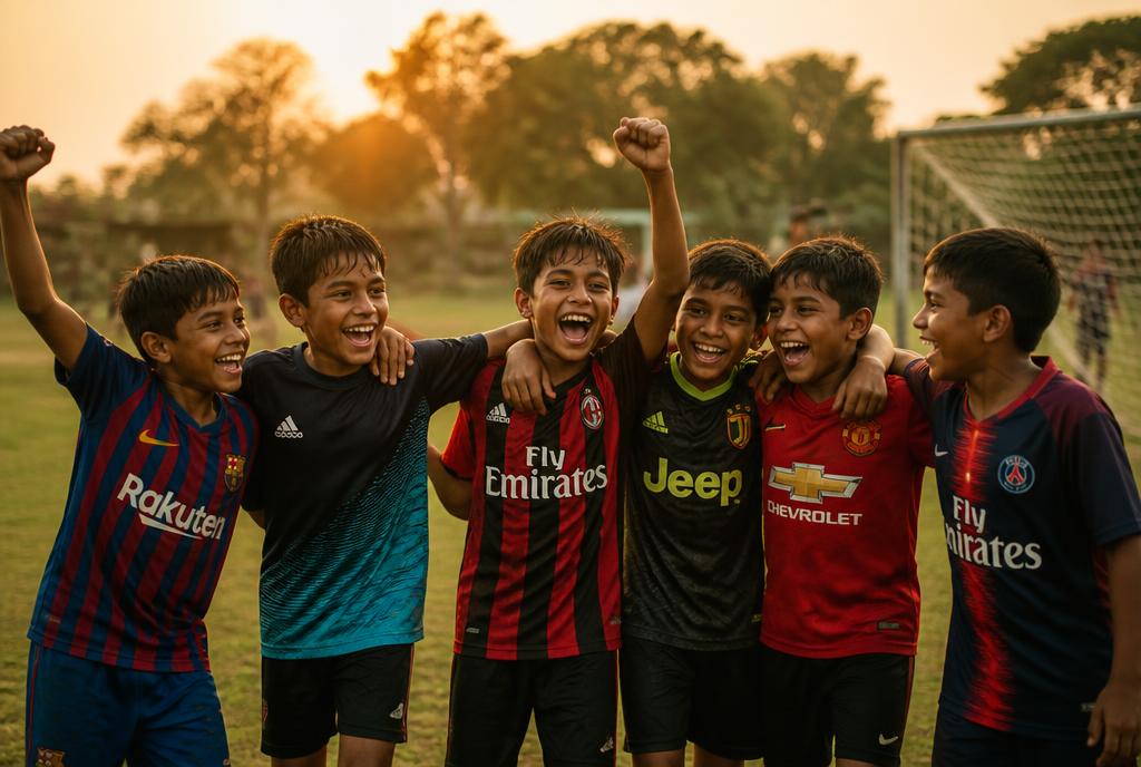 Young Indian children in football jerseys celebrating a goal together on a field at sunset
